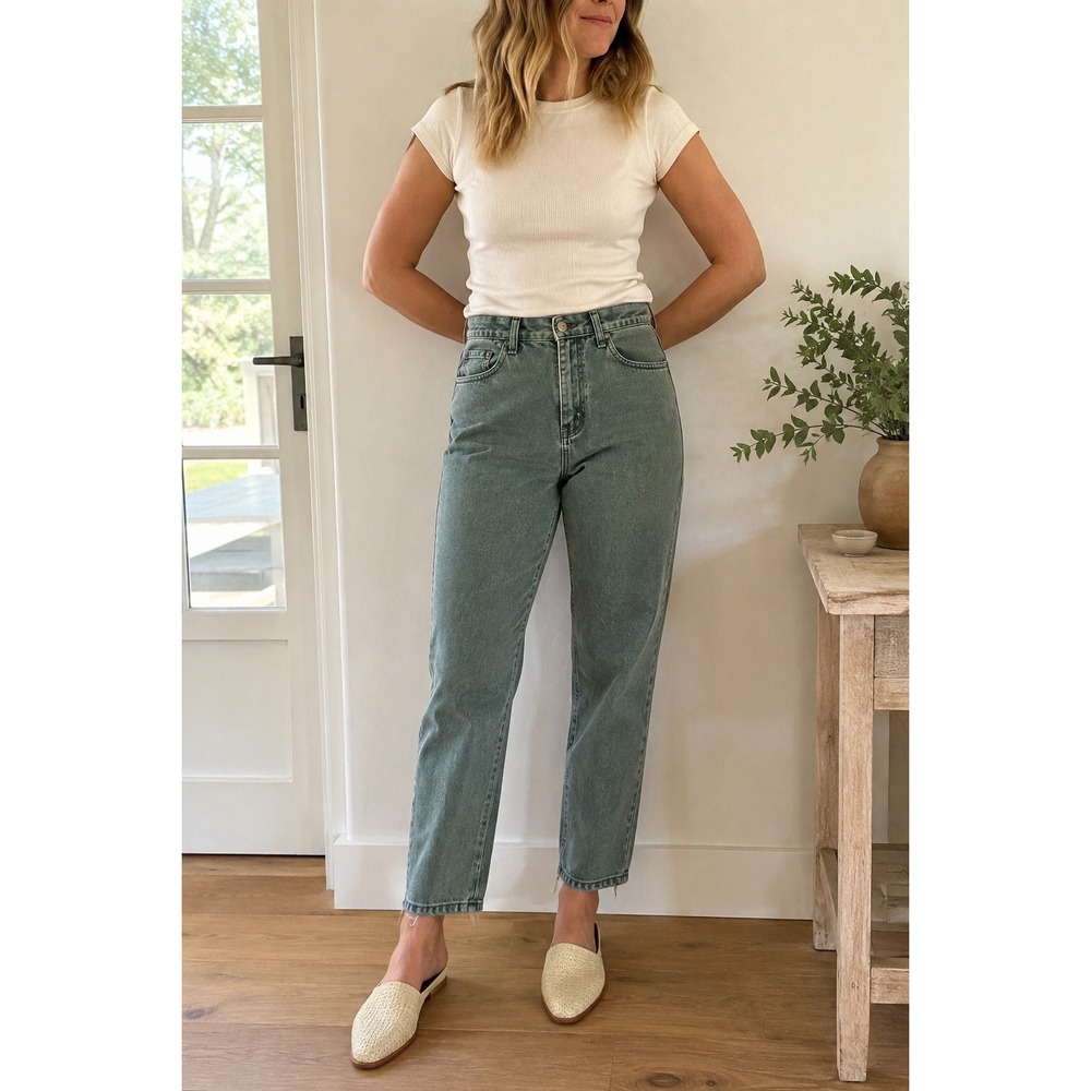 Vintage Bill Blass Petite Easy Fit High‎ Rise Green Cotton Jeans 6P 29 Inseam